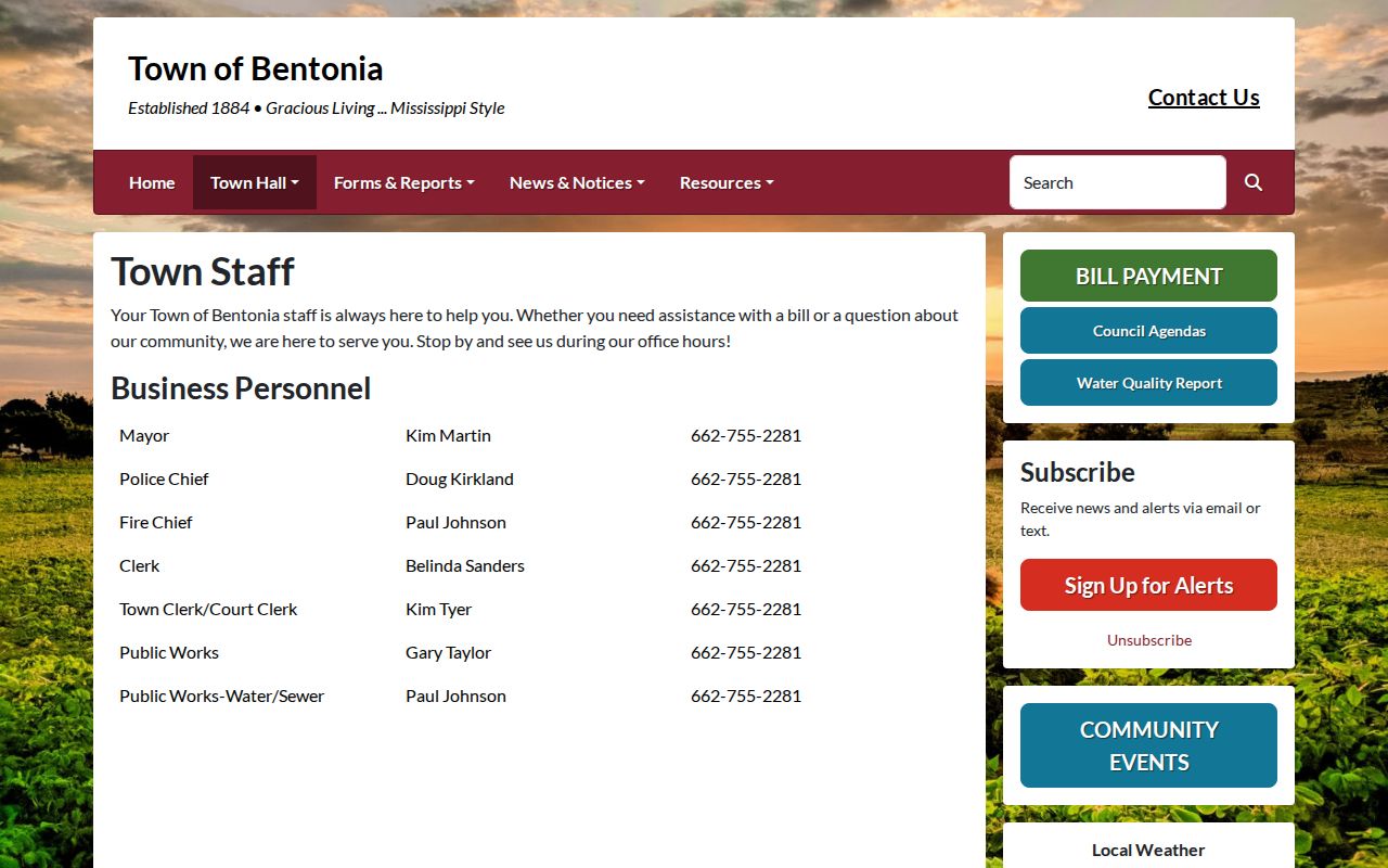 Town of Bentonia staff page for police-record contact verification