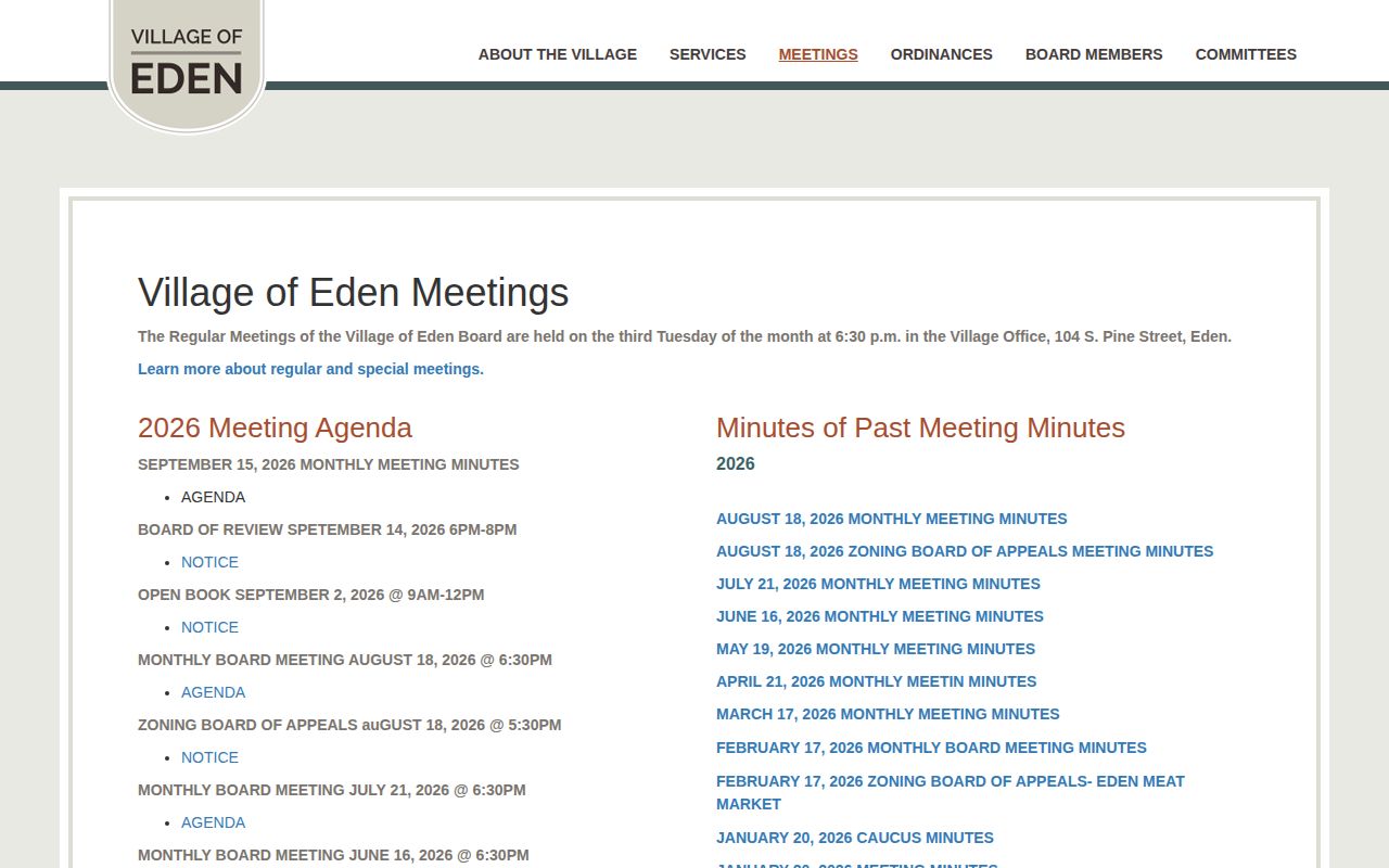 Village of Eden official municipal page for records-contact verification