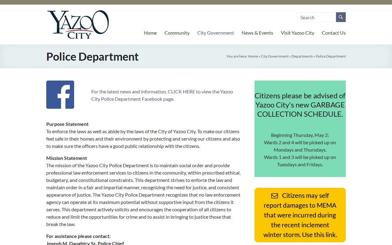 Yazoo City Police Department official page for arrest-record source checking