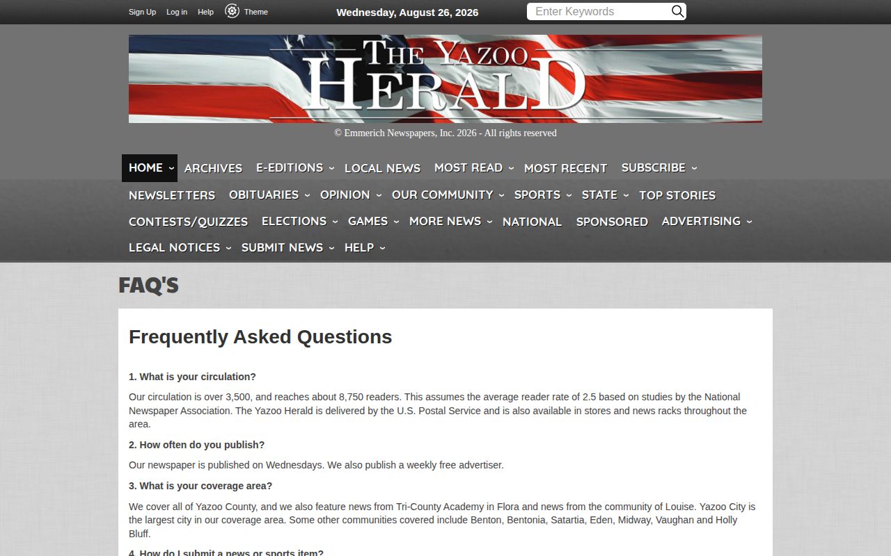 Yazoo Herald official publication information for Yazoo County crime-news source checking
