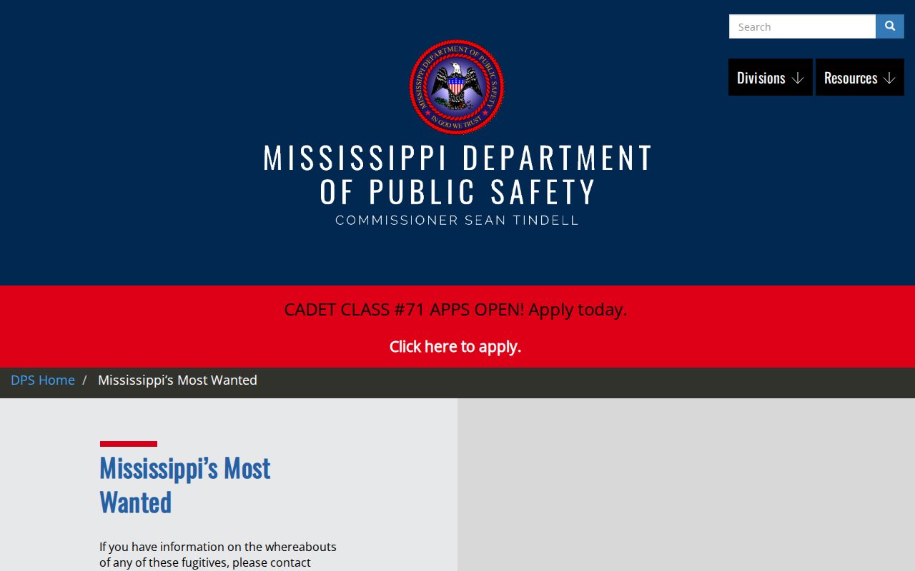 Mississippi DPS Most Wanted official statewide source for Yazoo County warrant verification